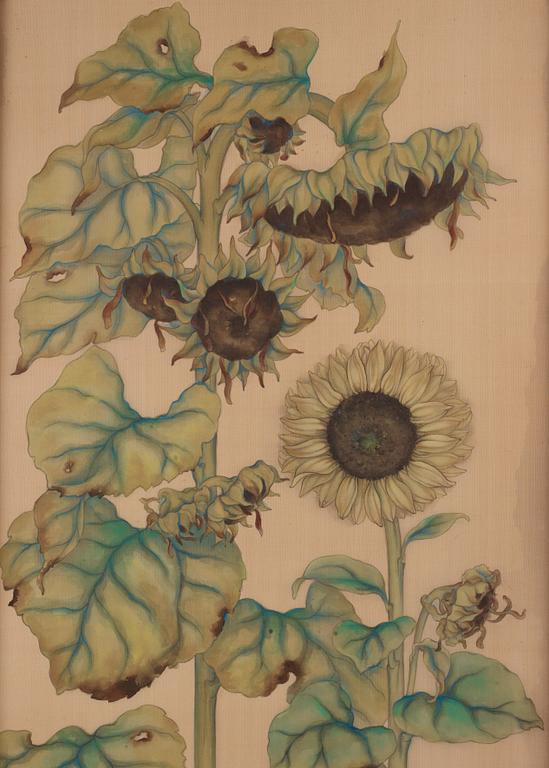 A Silk painting of sunflowers by unidentified artist, early 20th Century.