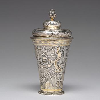 A Russian 18th century parcel-gilt silver beaker and cover, mark of Grigorij Poltow, Moscow (1755-1768).