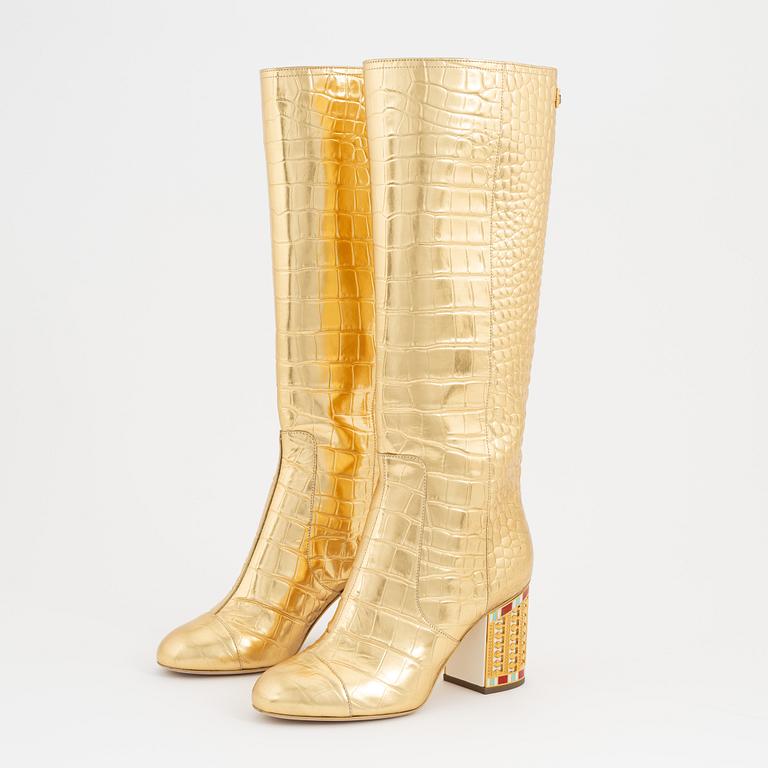 Chanel, a pair of Crocodile Embossed Metallic Calfskin Gold High Boots, size 37C.