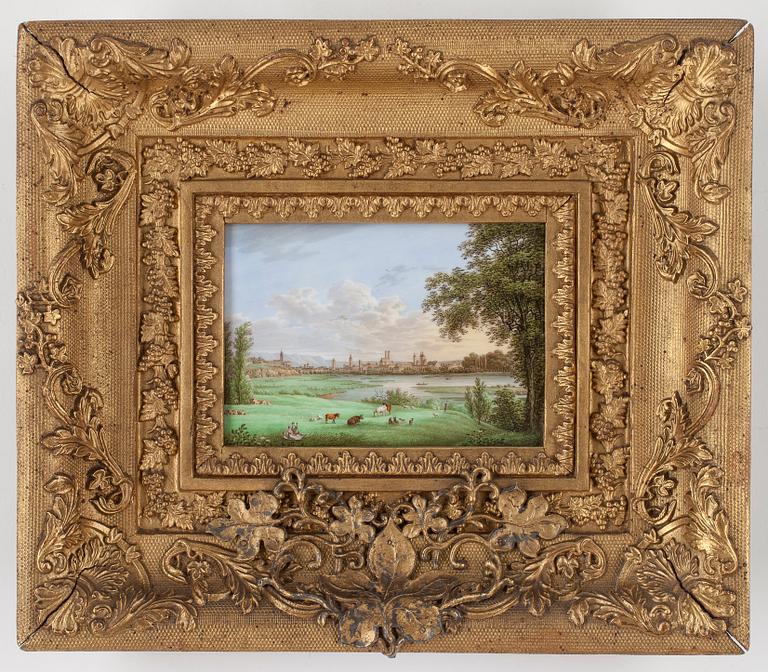 A finely painted porcelain plaque, Germany, first half of 19th Century. A view over München from the Oberföhring side.