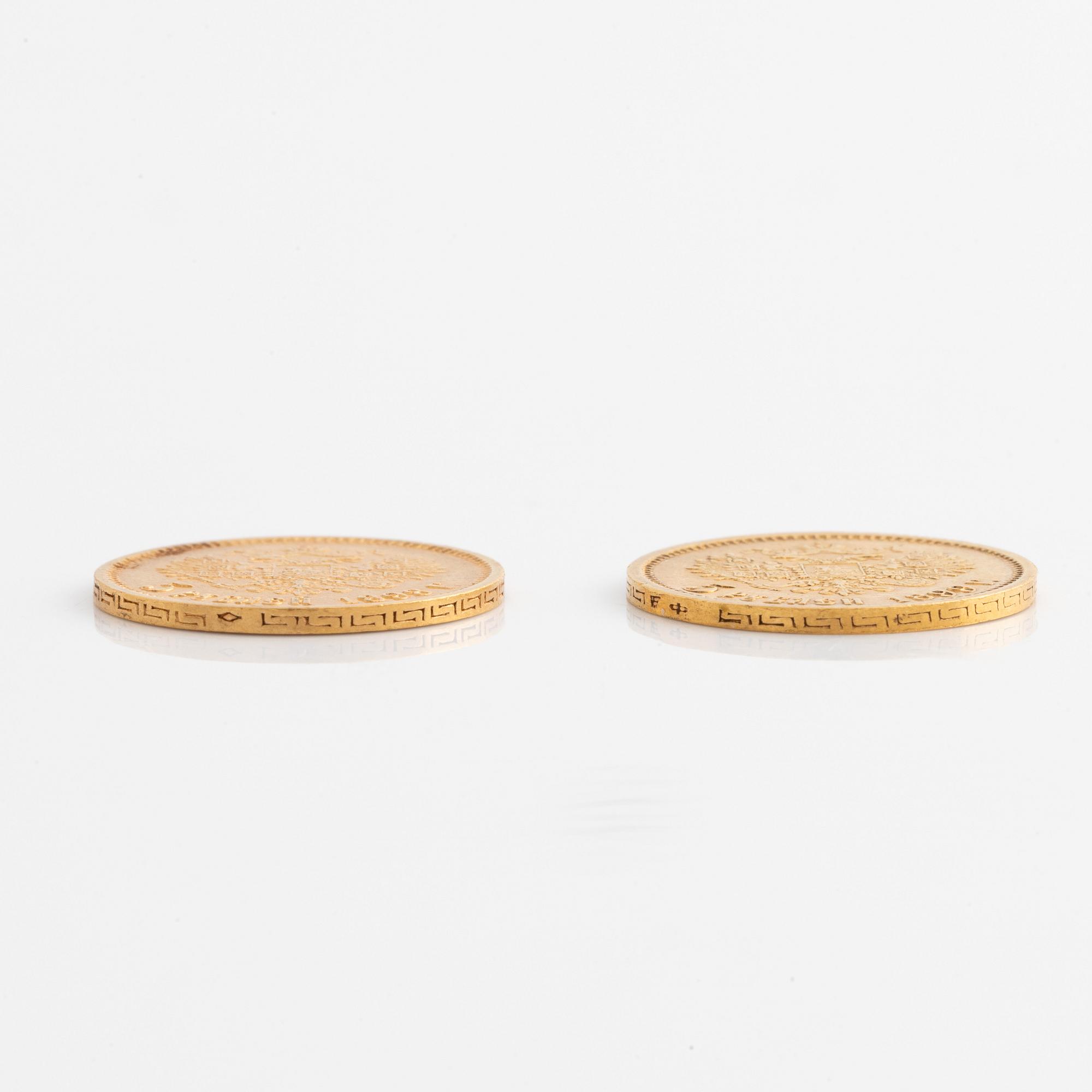 Guldmynt 2 st, Ryssland, Nikolaj II, 5 rubel, 1898 & 1899.