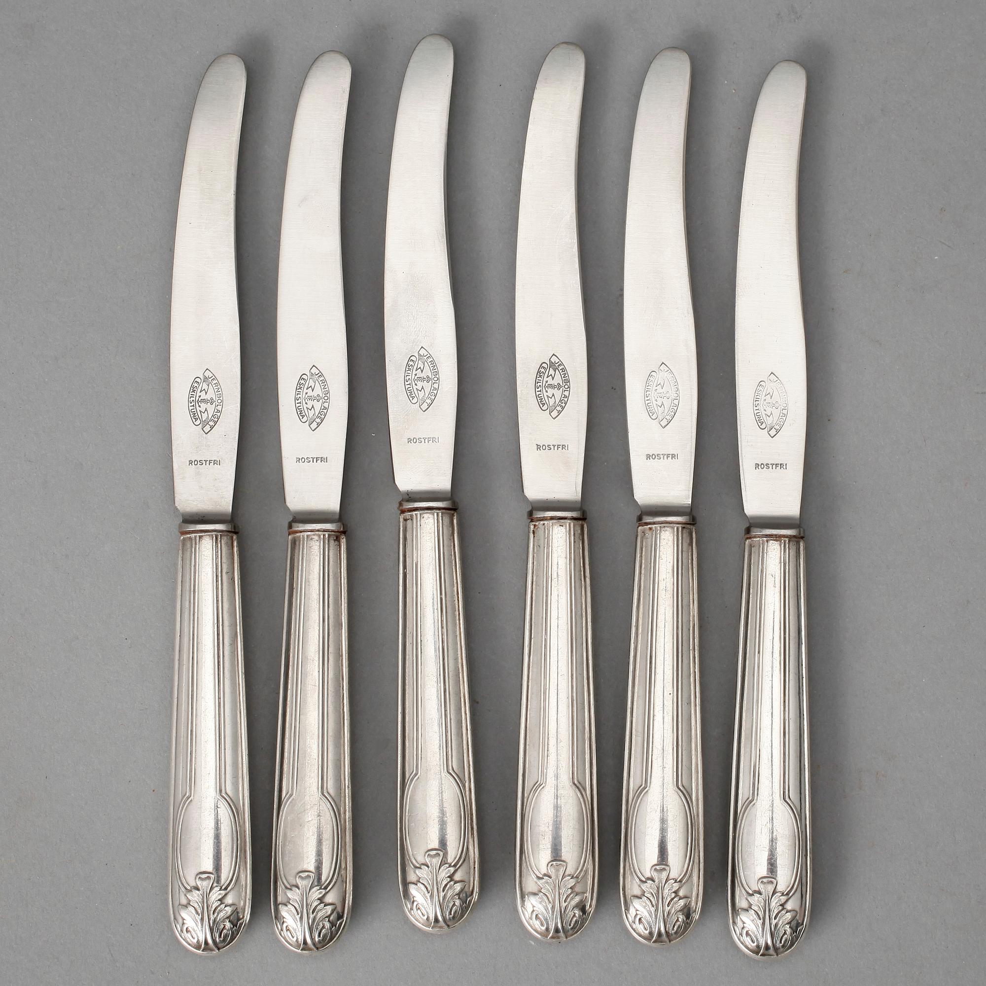 BORDSKNIVAR, 12 st, silver. Gammalfransk modell, 1900-tal. CG Råström, Stockholm. Tot vikt, inkl rostfrittblad, 631 gram.
