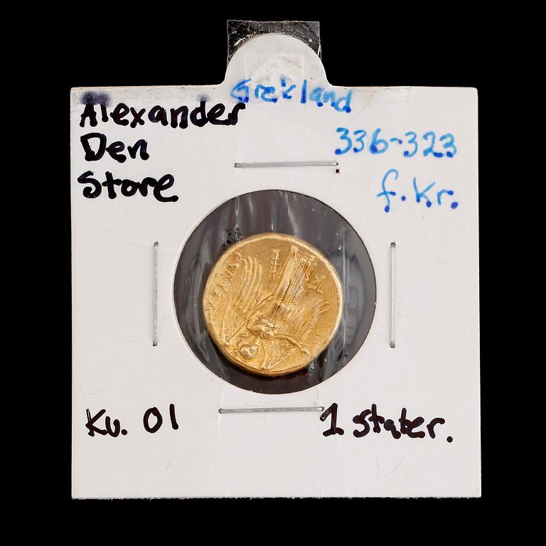 GULDMYNT, 1 stater, Alexander den Store, 336-323 frK. Vikt ca 9 gram.