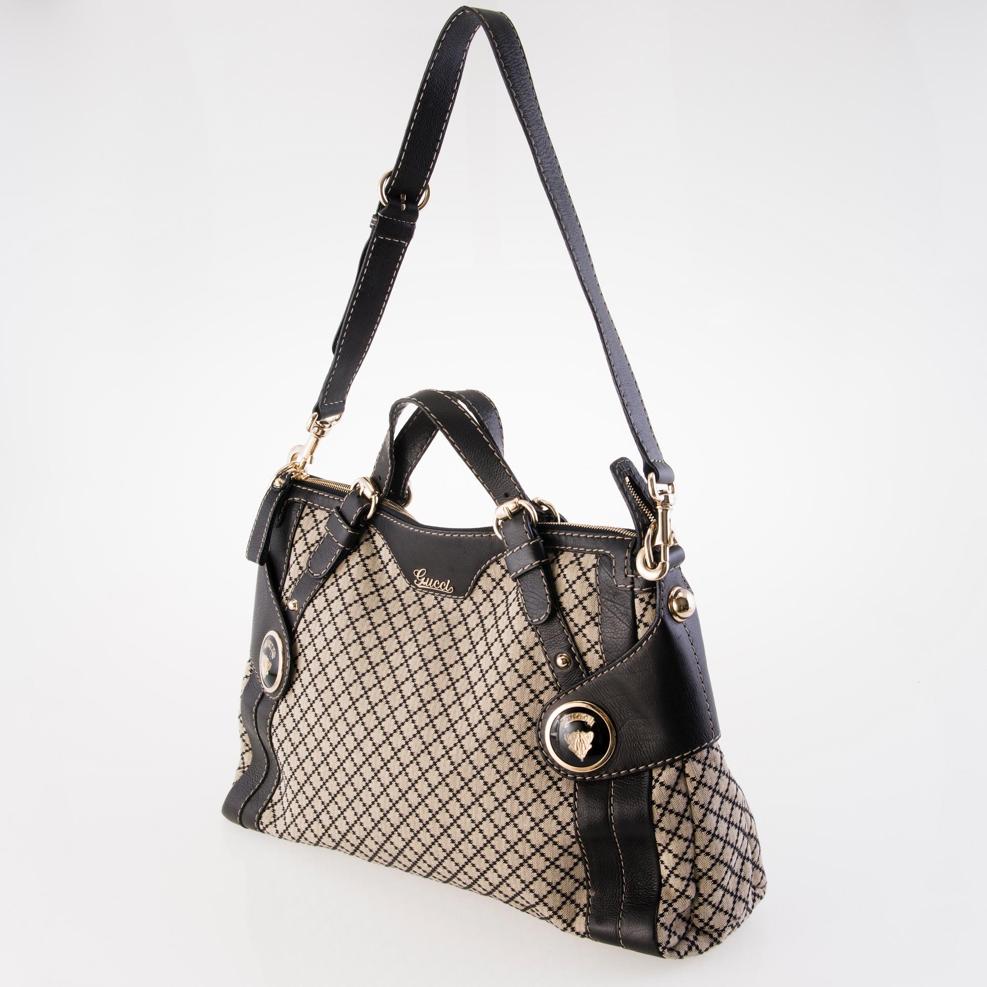 GUCCI Black Diamante Canvas Crest Boule Tote Bag.