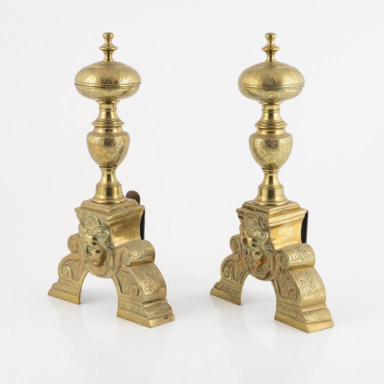 A pair of brass andirons, 20th century.