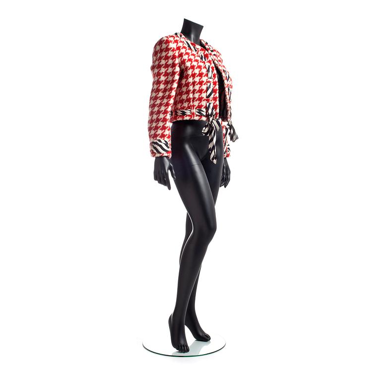 MOSCHINO CHEAP AND CHIC, a red and white houndstooth wool blend jacket.