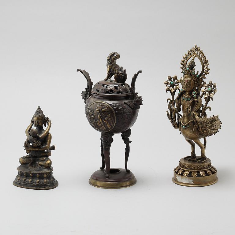 Two figures of deities and a bronze censer with cover, 20th Century.