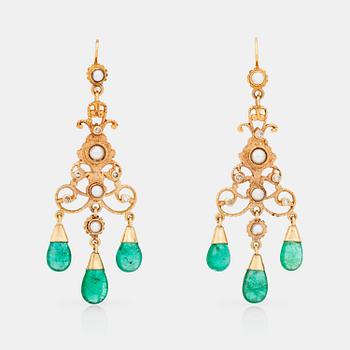 1014. A pair of circa 12.00ct colombian emerald, pearl and diamond girandole earrings.