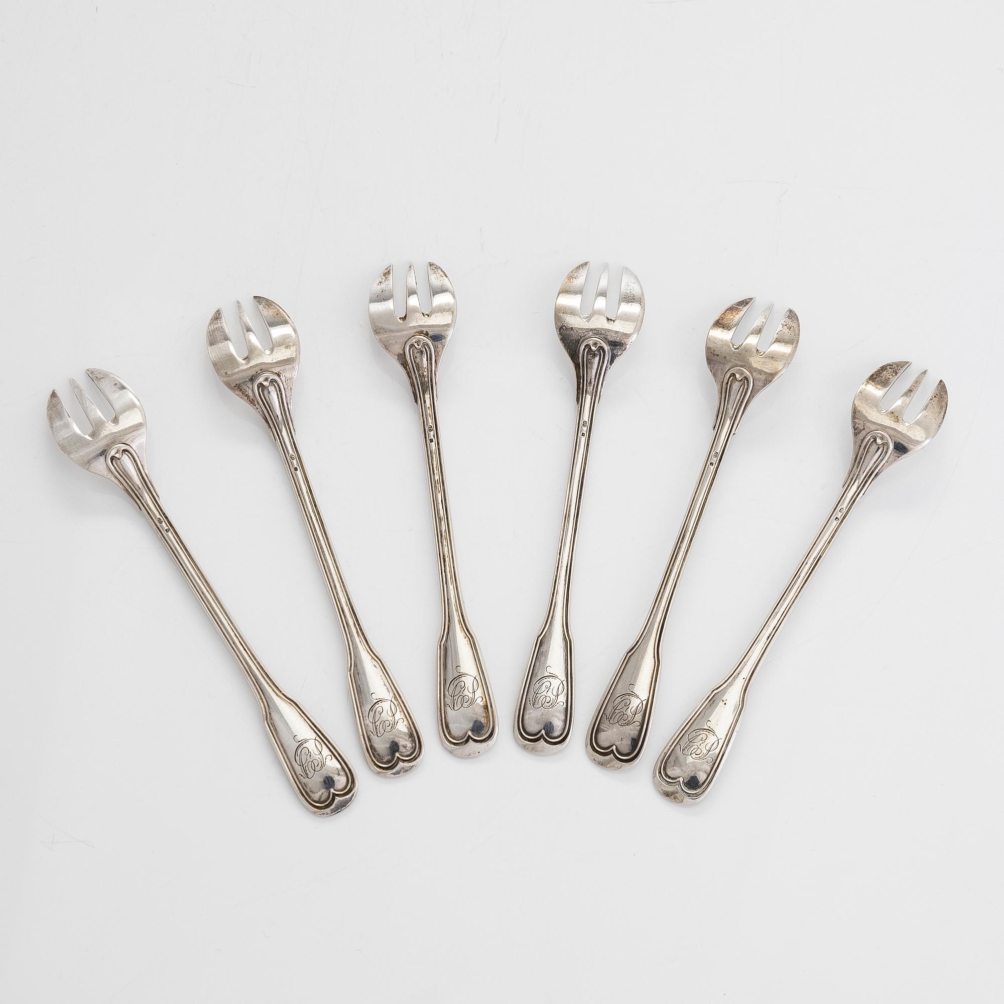 Six silver oyster forks, maker's mark of court supplier Delheid Frères, Belgium around 1900.