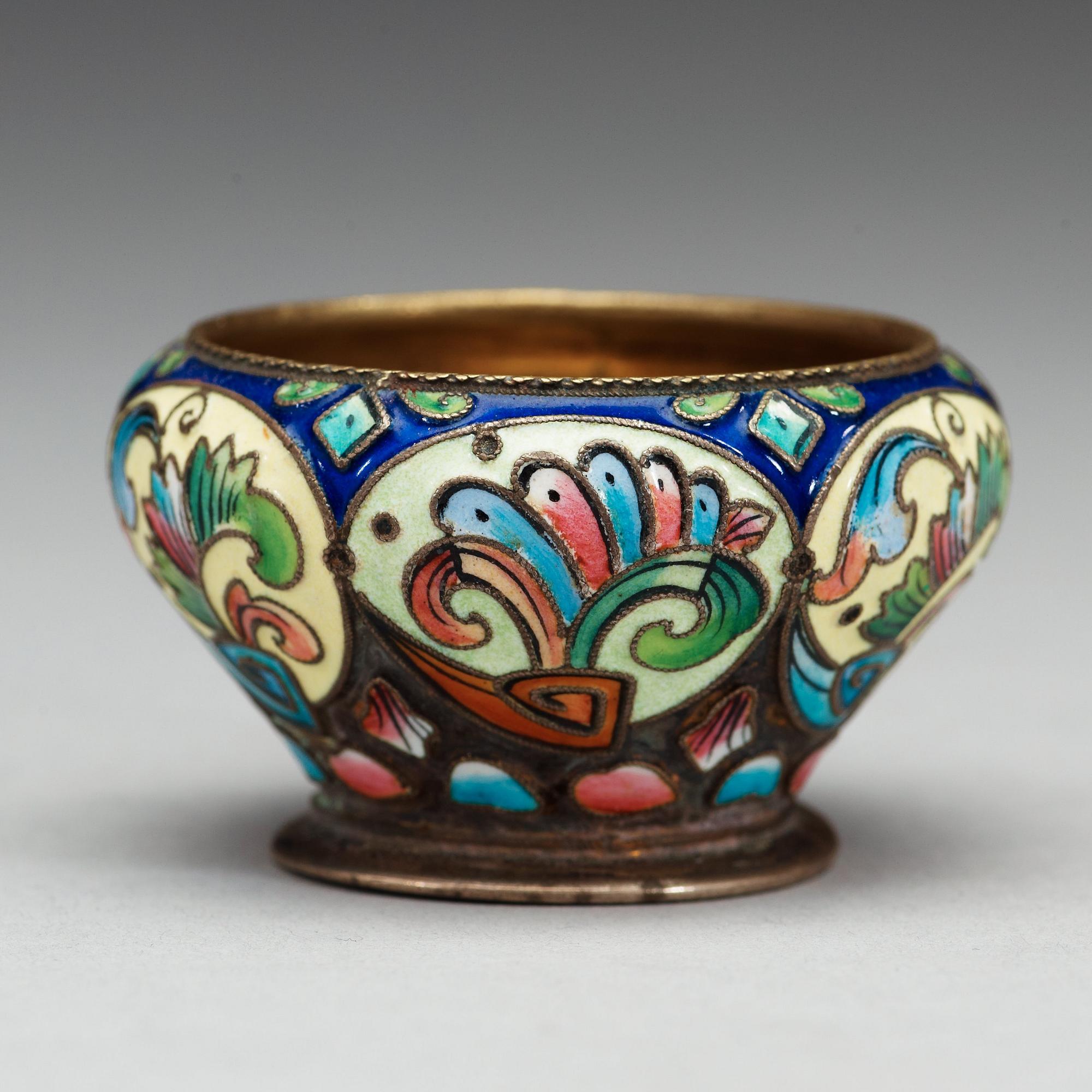 A Russian 19th century silver-gilt and enamel salt, makers mark of the 6th Artel, Moscow.