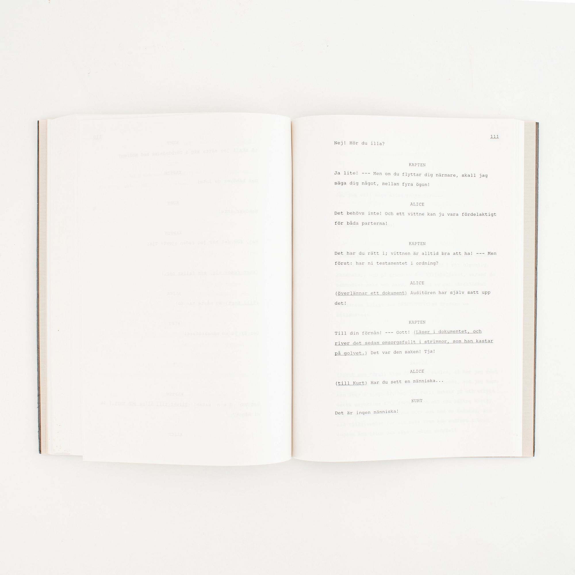 Typewritten manuscript for the playwright Lars Norén's interpretation of August Strindberg's "Dödsdansen" , 1993.