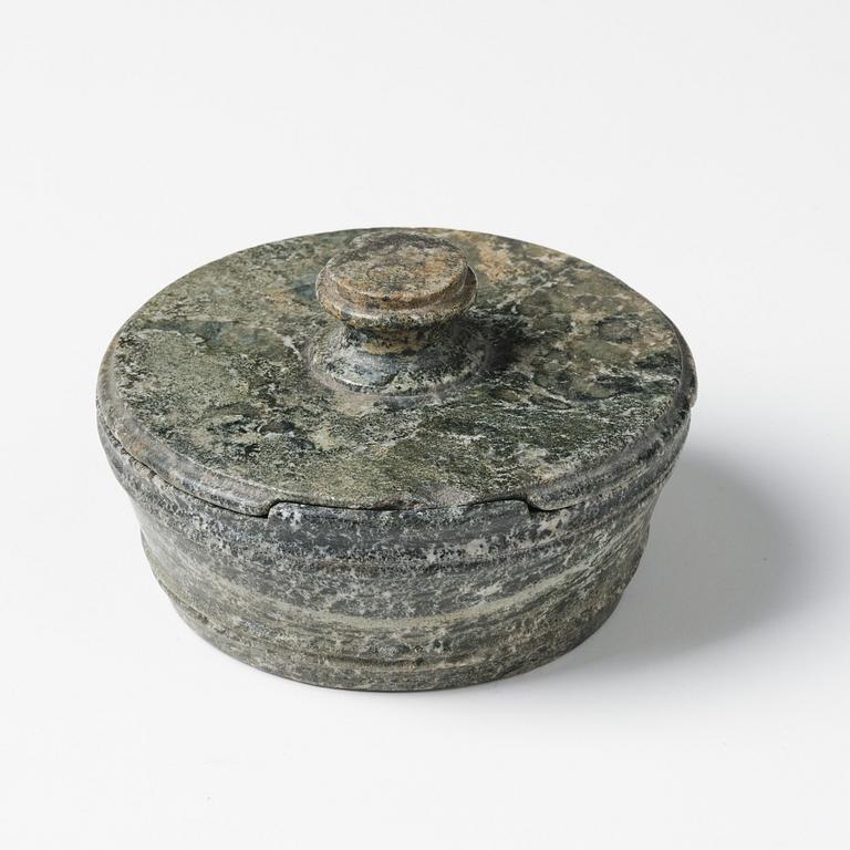 A Swedish Empire 'Kolmård' marble butter box with dish and cover, early 19th century.