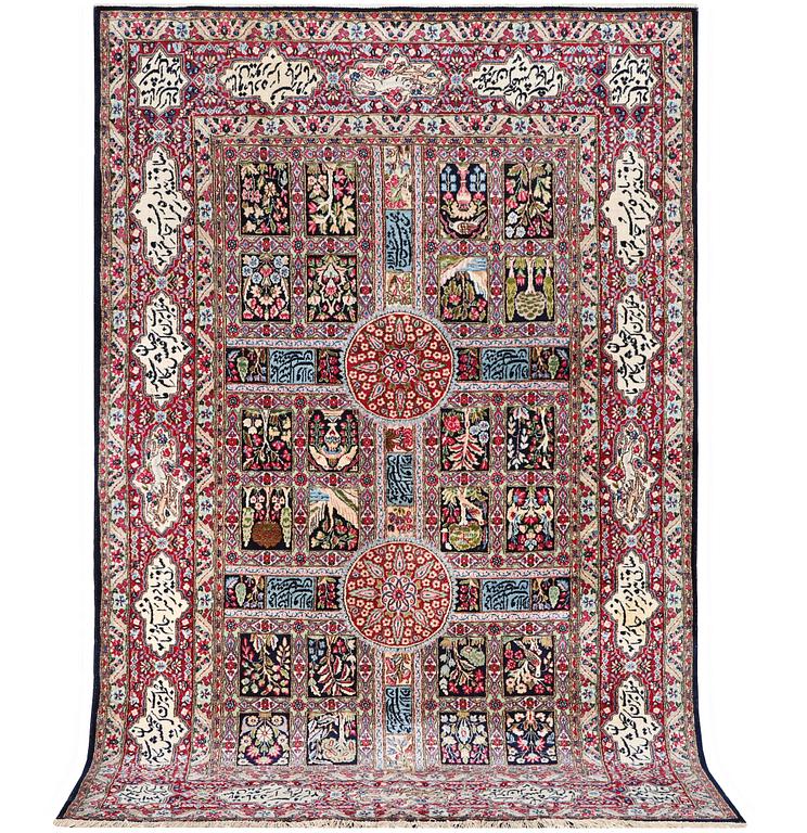 A carpet, semi-antique/old Kerman, figural, c. 273 x 164 cm.