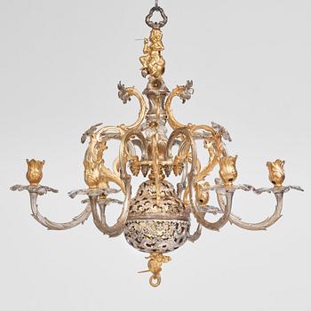 Carl Edberg's Masterpiece, a Swedish rococo silvered and gilt-brass six-light chandelier, circa 1755.