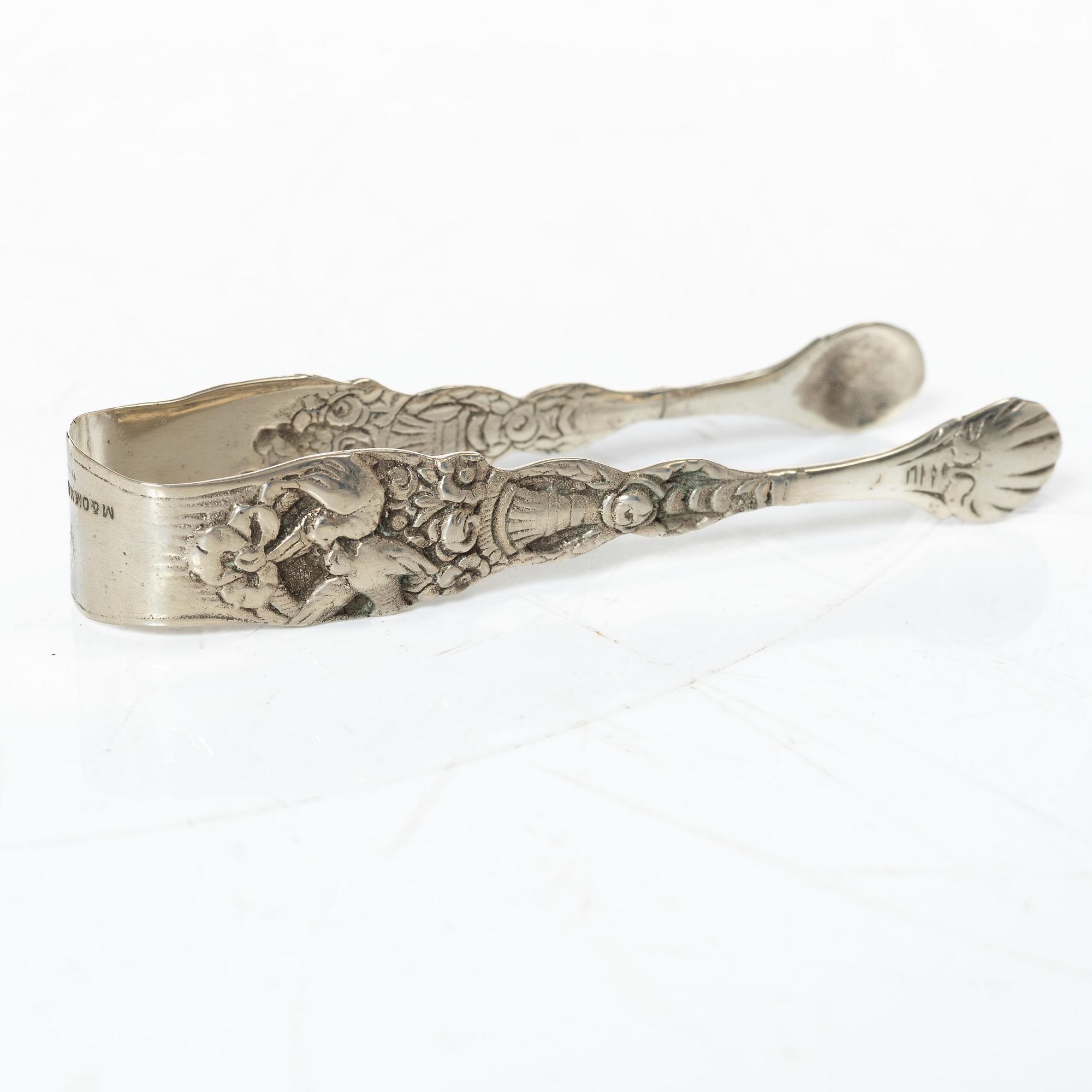 Wilhelm T Binder, sugar bowl, creamer, tray and sugar tong, silver, Schwäbisch Gmünd, Germany, 20th century.