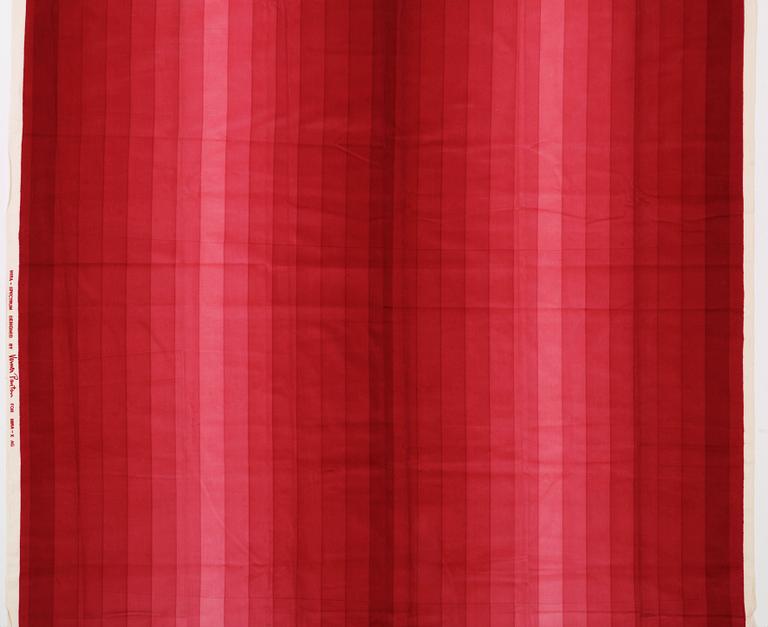 Verner Panton, GARDINLÄNGD, TYG OCH PROVBITAR, 6 ST. Bomullsvelour. Olika mörk- till ljusröda nyanser och mönster. Verner Panton.