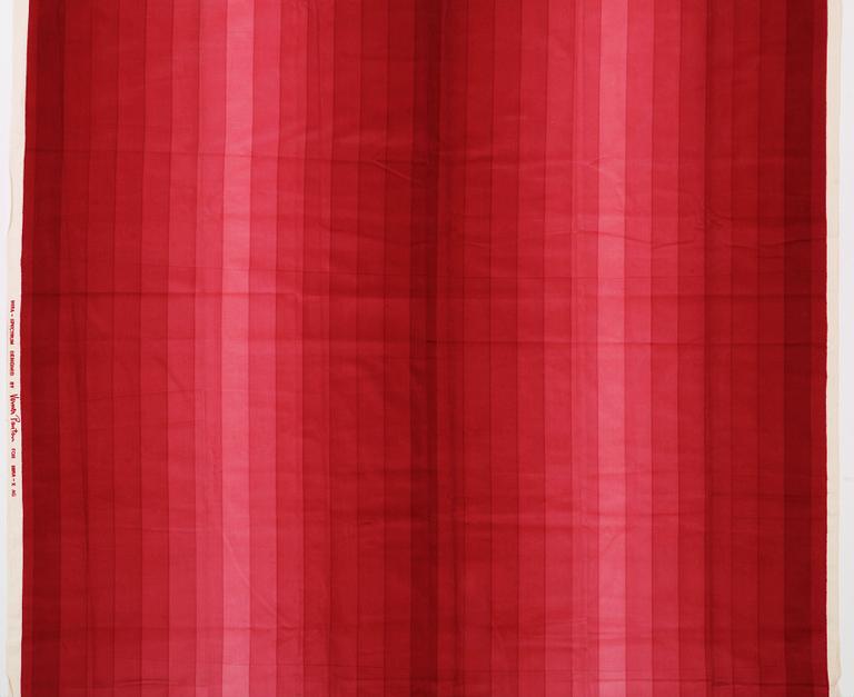 Verner Panton, CURTAIN, FABRIC AND SAMPLERS, 6 PIECES.  Cotton velor. A variety of dark to light red nuances and patterns. Verner Panton.