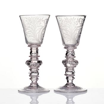 A pair of Swedish glass goblets, presumably Kungsholms glass manufactory, 18th Century.