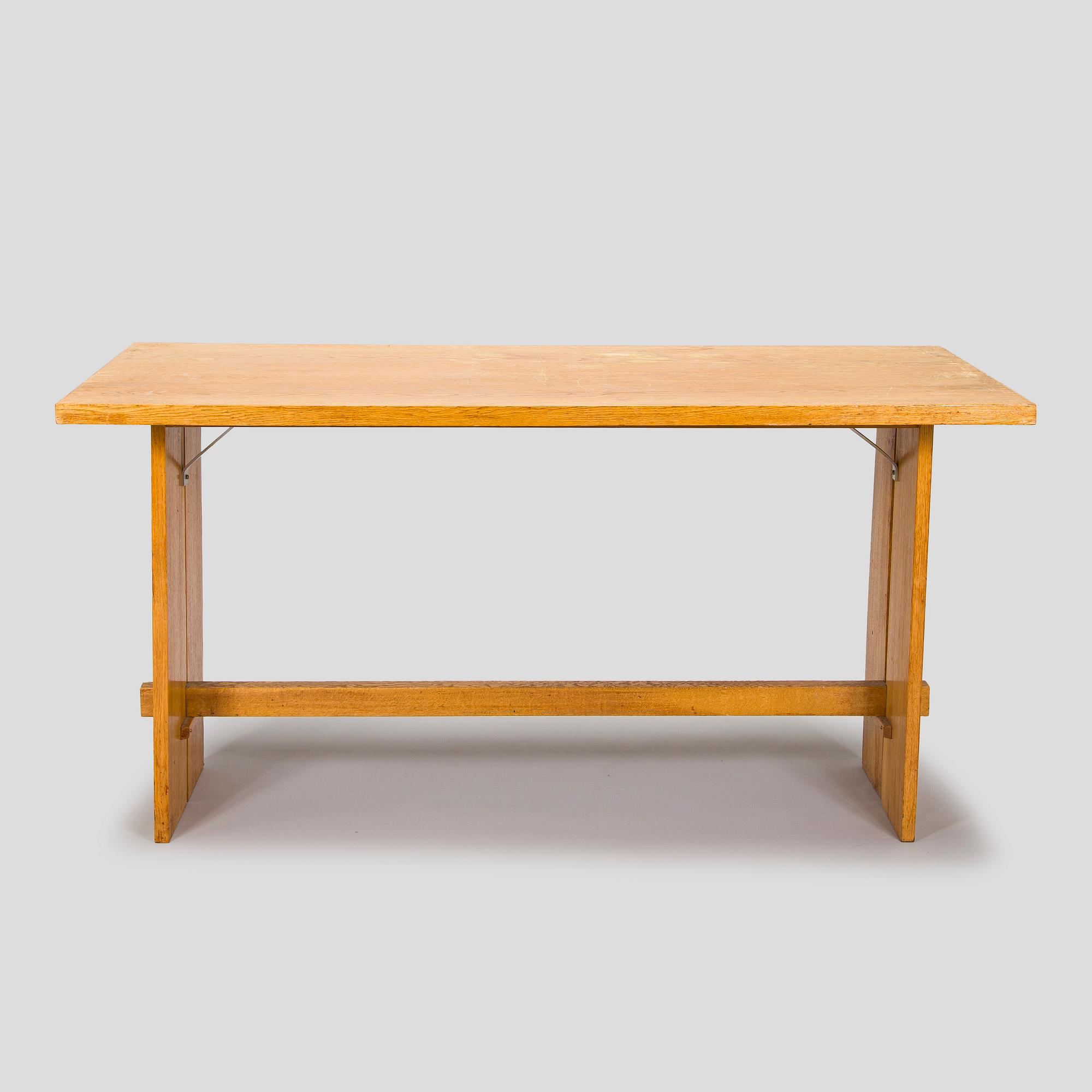 Dining table and two benches, mid-20th century.