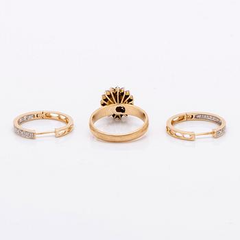 Örhängen/creoler 14K guld diamanter 8/8, ring 14K guld 1 odlad pärla ca 7 mm och briljanter ca 0,10 ct totalt.