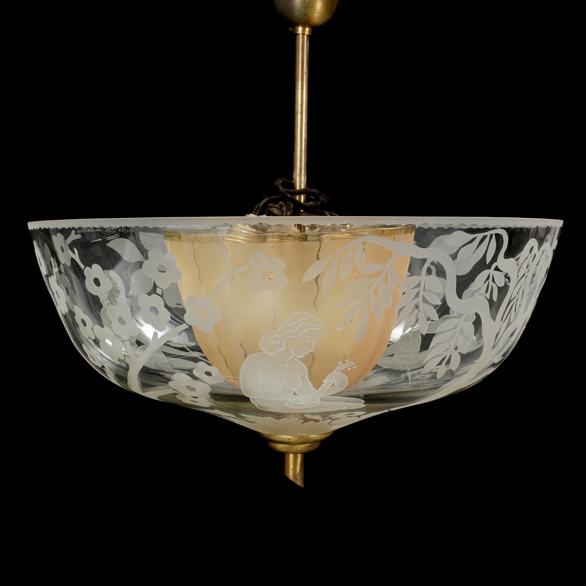 TAKLAMPA, glas, Erik Kinell för Glössner & Co 1947. Signerad.