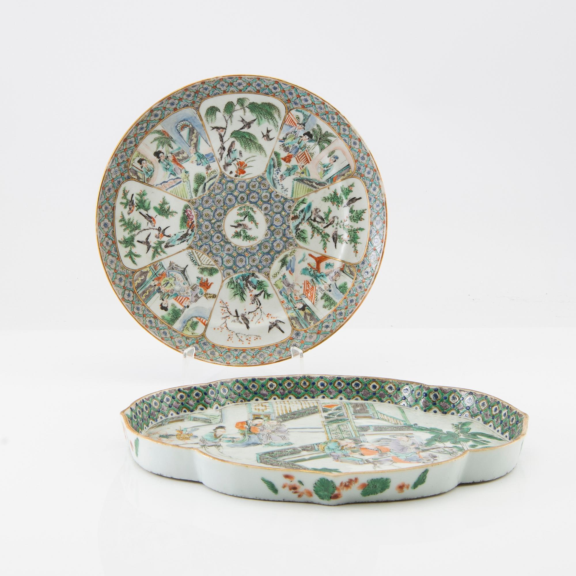 A Chinese Canton enamelled tray and plate, late Qing dynasty.