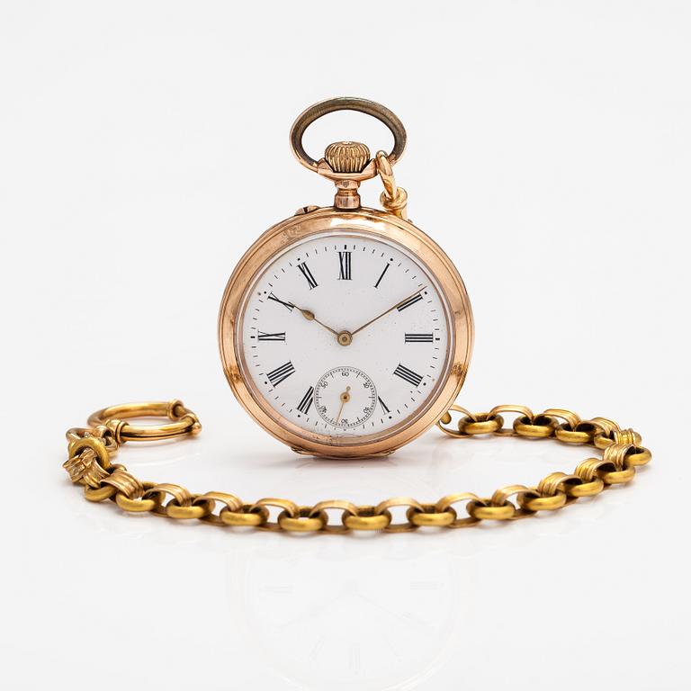 A pocket watch, 50 mm, with a 19th-century 18K chain, maker's mark of Wilhelm Pettersson, Turku 1884.