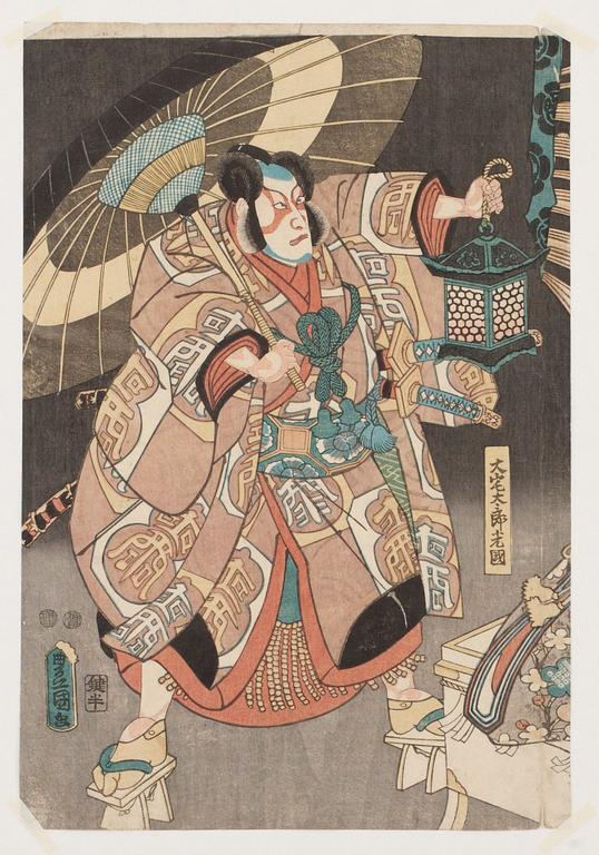 Utagawa Kunisada Kochoro Toyokuni III, Man med lykta och parasoll.