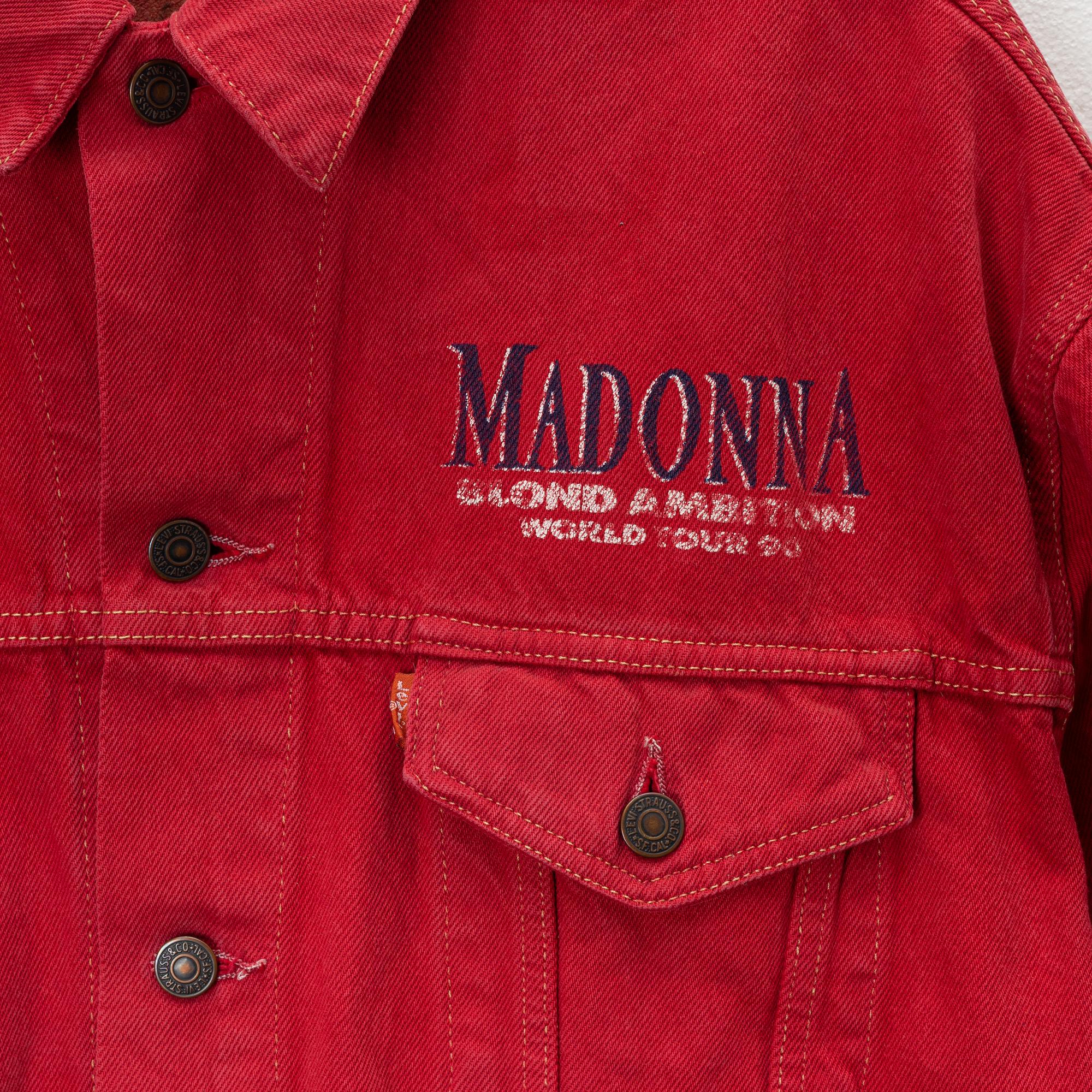 A red Levis "Security" jeans jacket from The Madonna Blond Ambition World Tour, 1990, Size XL.
