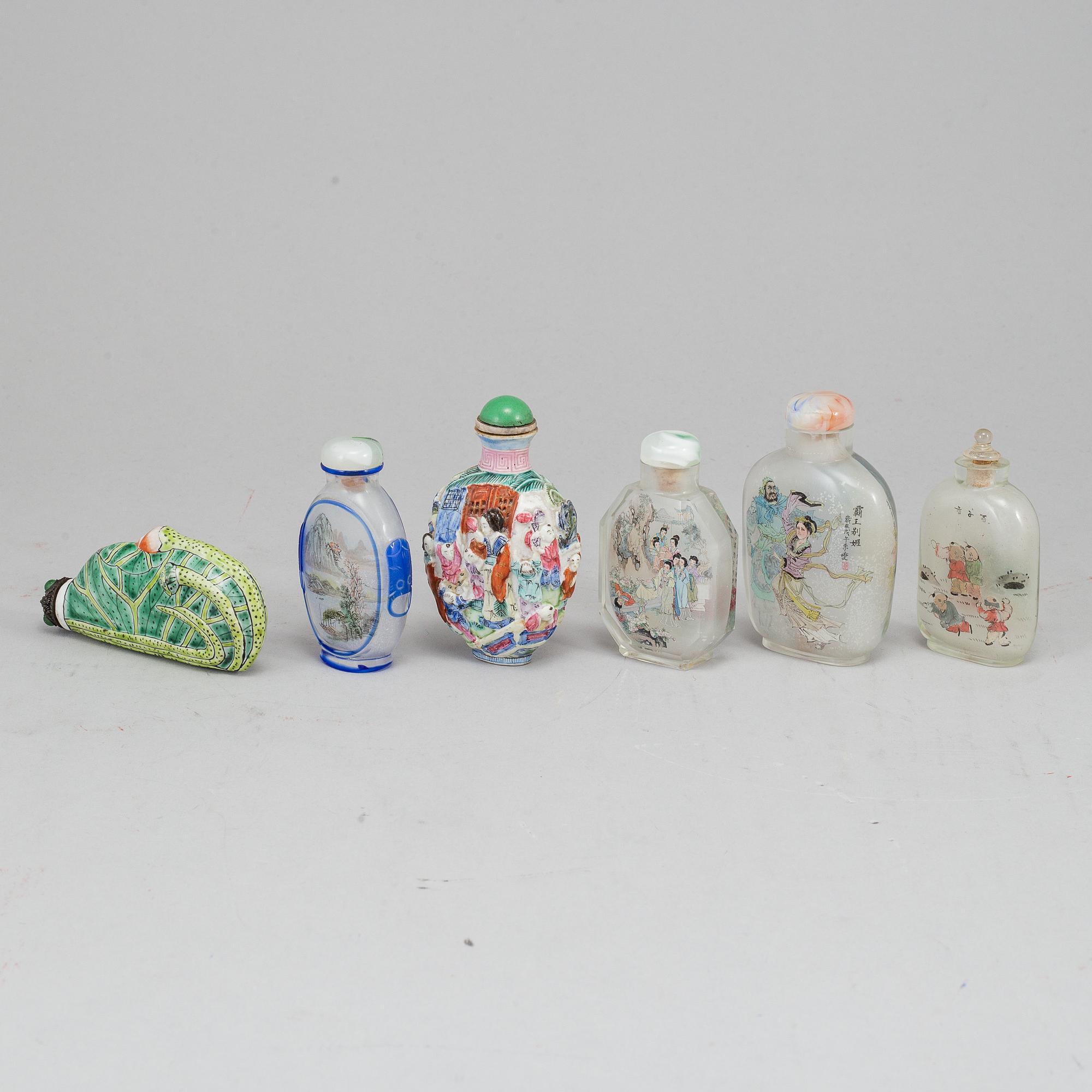 A group of six snuff bottles, 20th century.