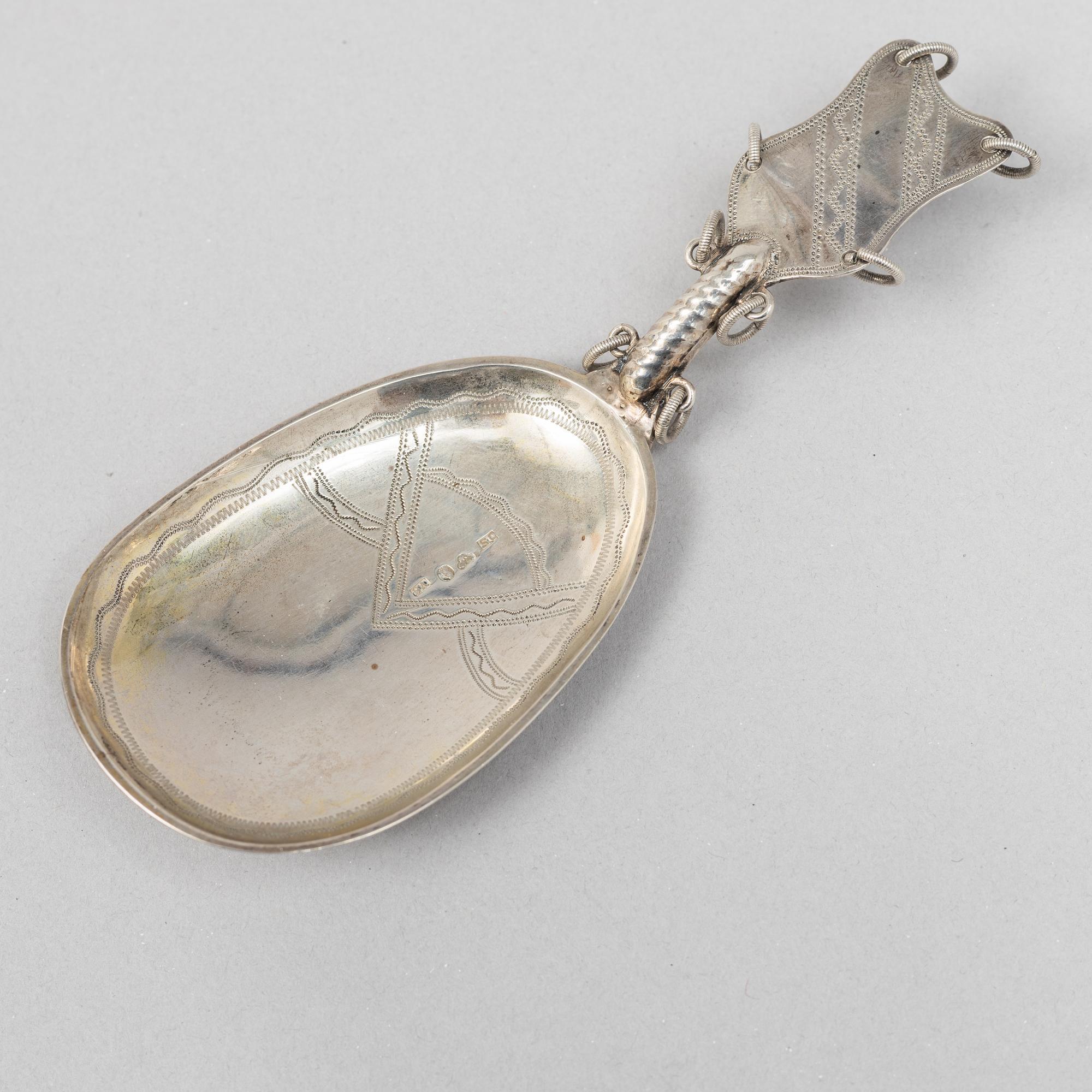 Three silver spoons, one with mark of Oskar Strömberg, Haparanda 1899.