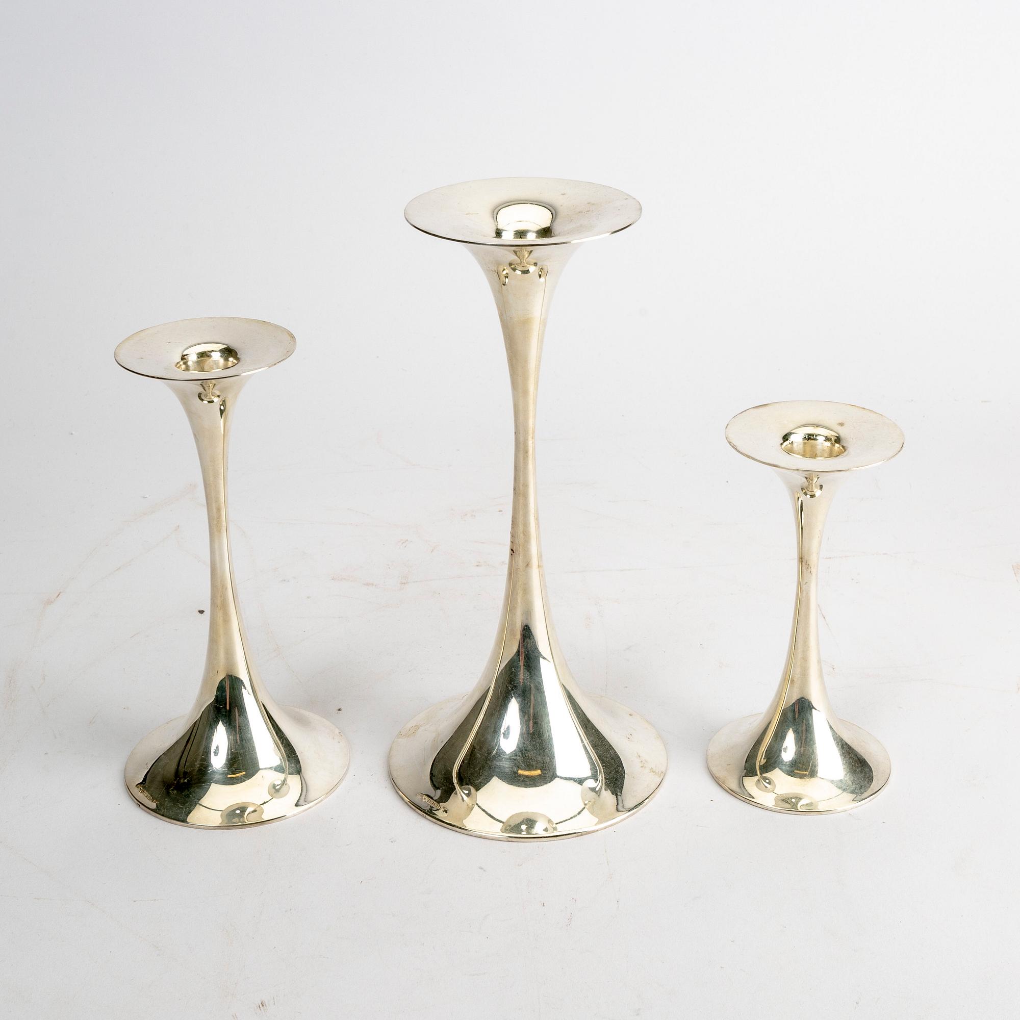 Tapio Wirkkala, ljusstakar 3 st  "Trumpetti", silver  Kultakeskus, Tavastehus 1991.