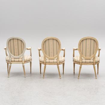 A set of three presumably Danish Louis XVI armchairs, late 18th century.