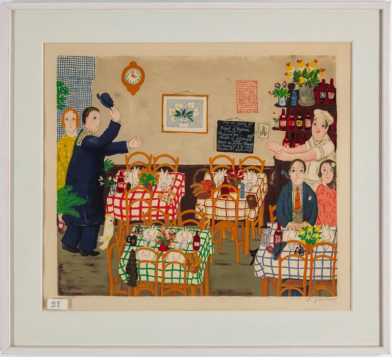 LENNART JIRLOW, lithograph in colours, signed L. Jirlow and numbered LXIV/LXX. Executed in 1975. "Restauranginteriör".