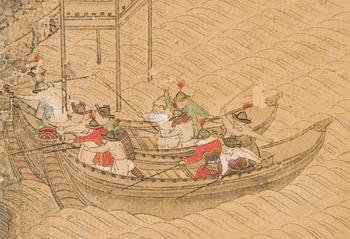 VIKSKÄRM, sex delar, tusch och akvarell på papper. Okänd Japansk konstnär, troligen 1600-tal.