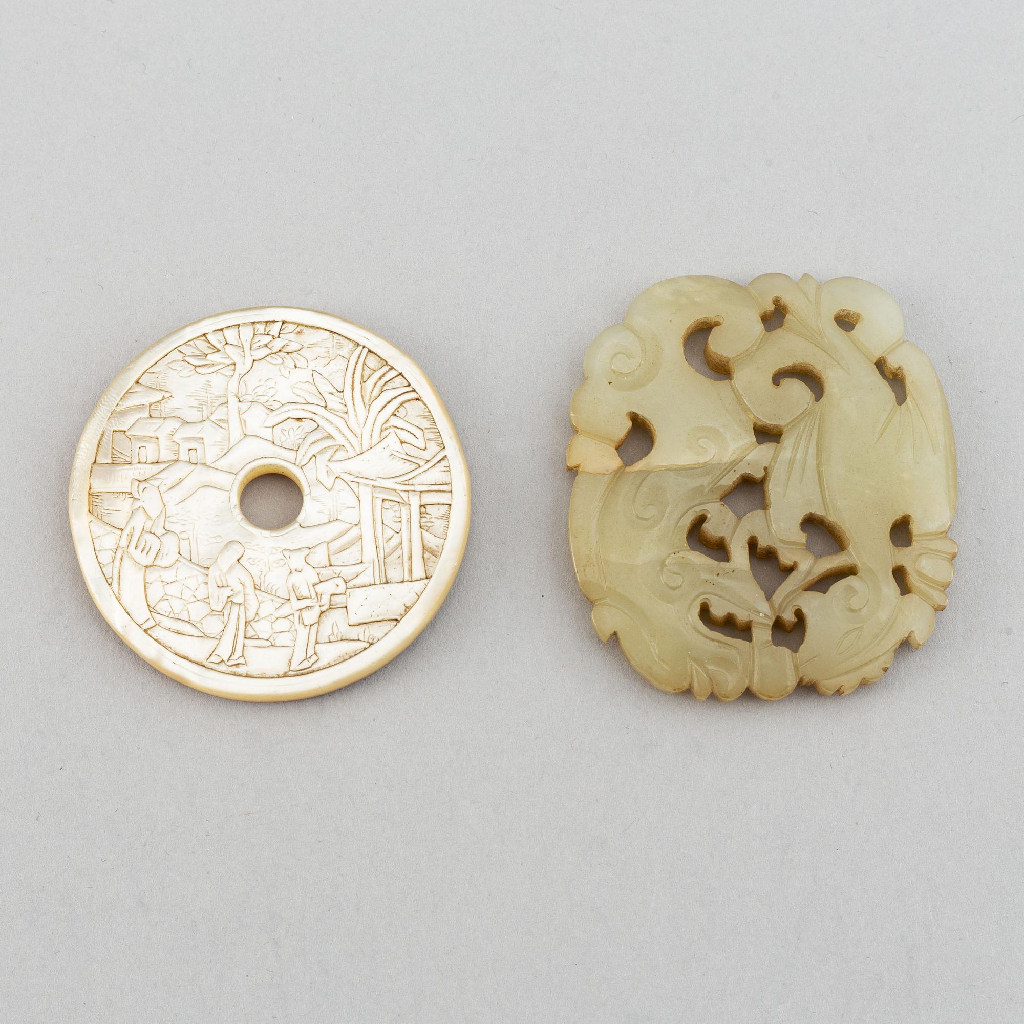 A carved mother of pearl placque and a nephrite placque, China, late Qingdynasty.