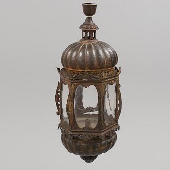 A 17TH CENTURY BAROQUE BRASS LANTERN. Height ca 72 cm.