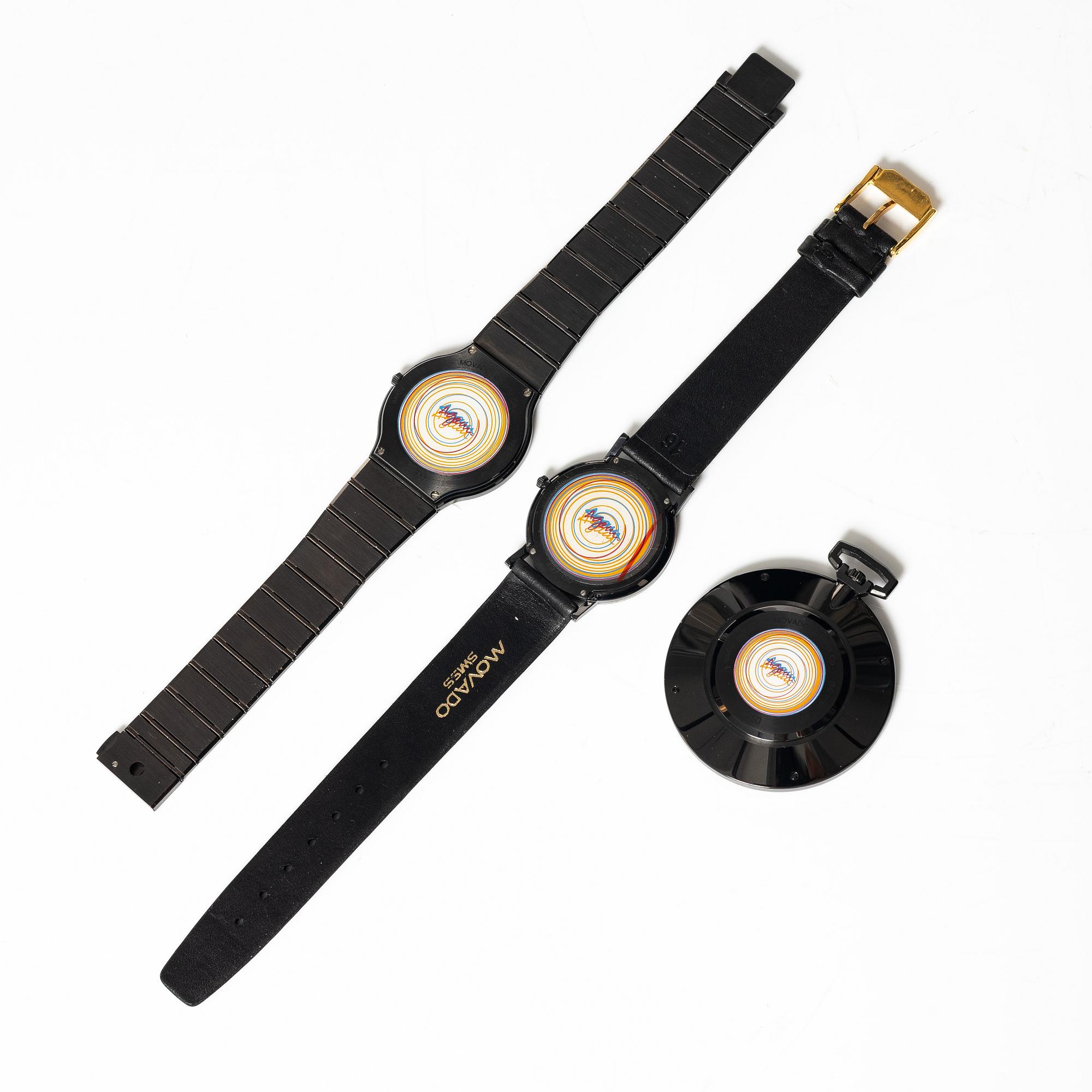 Yaacov Agam, Movado, "Rainbow", Two wrist watches, a table clock and a pocket watch.