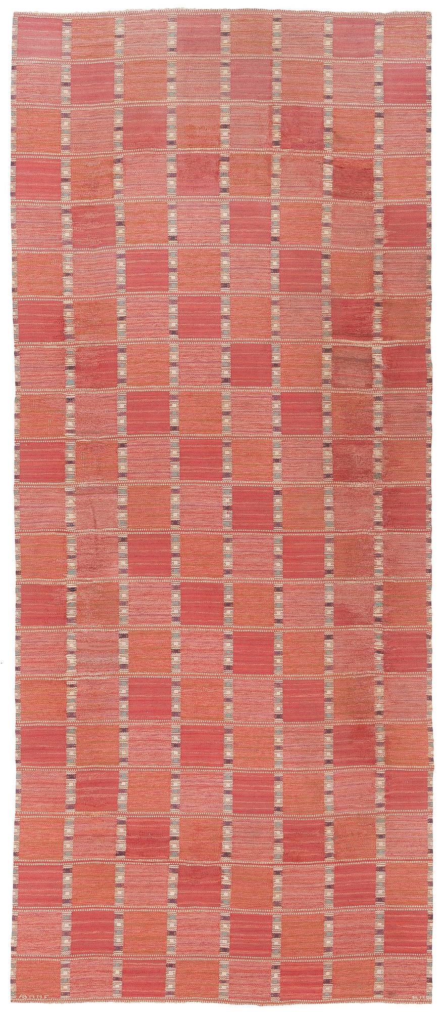 Barbro Nilsson, a carpet, 'Falurutan, röd Borås', flat weave, c. 502 x 212 cm, signed AB MMF BN.