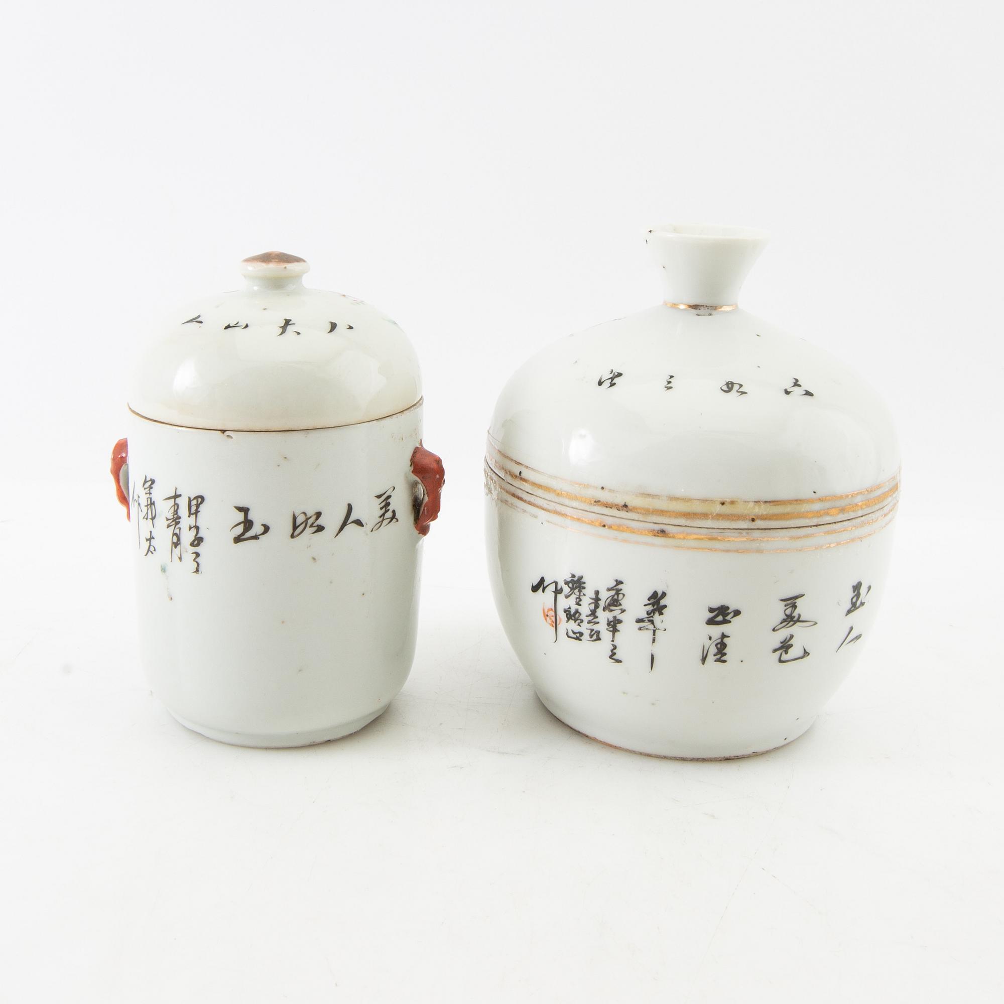 Vases, 2 pcs, and a box with a lid, 2 pcs, China, 20th century.