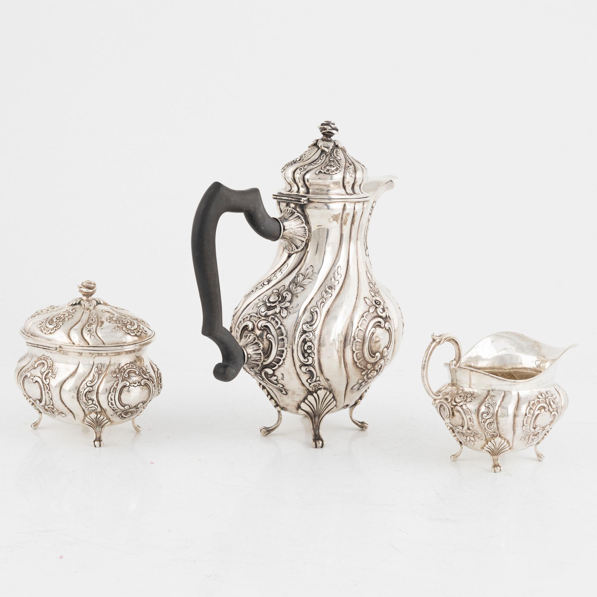 A 3-piece Rococo style silver 830 coffee service, Swedish import marks, 20th Century.
