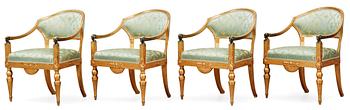 542. A late Gustavian early 19th Century seating, comprising seven parts (one sofa, four armchairs, two chairs).