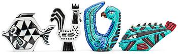 345. Four Gunnar Nylund stoneware figures, a rooster, bird and two fishes, Rörstrand.