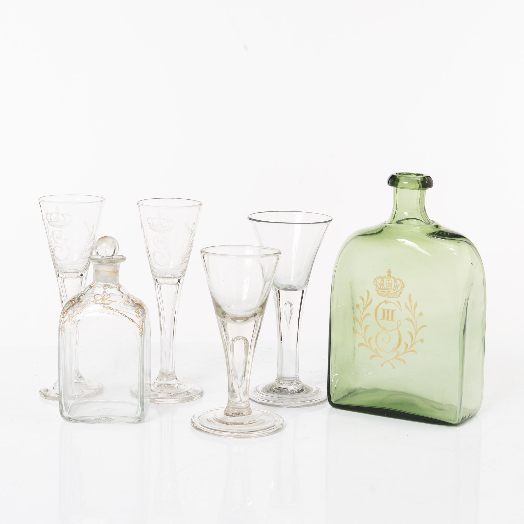 Six glass items, 18th-19th Century.