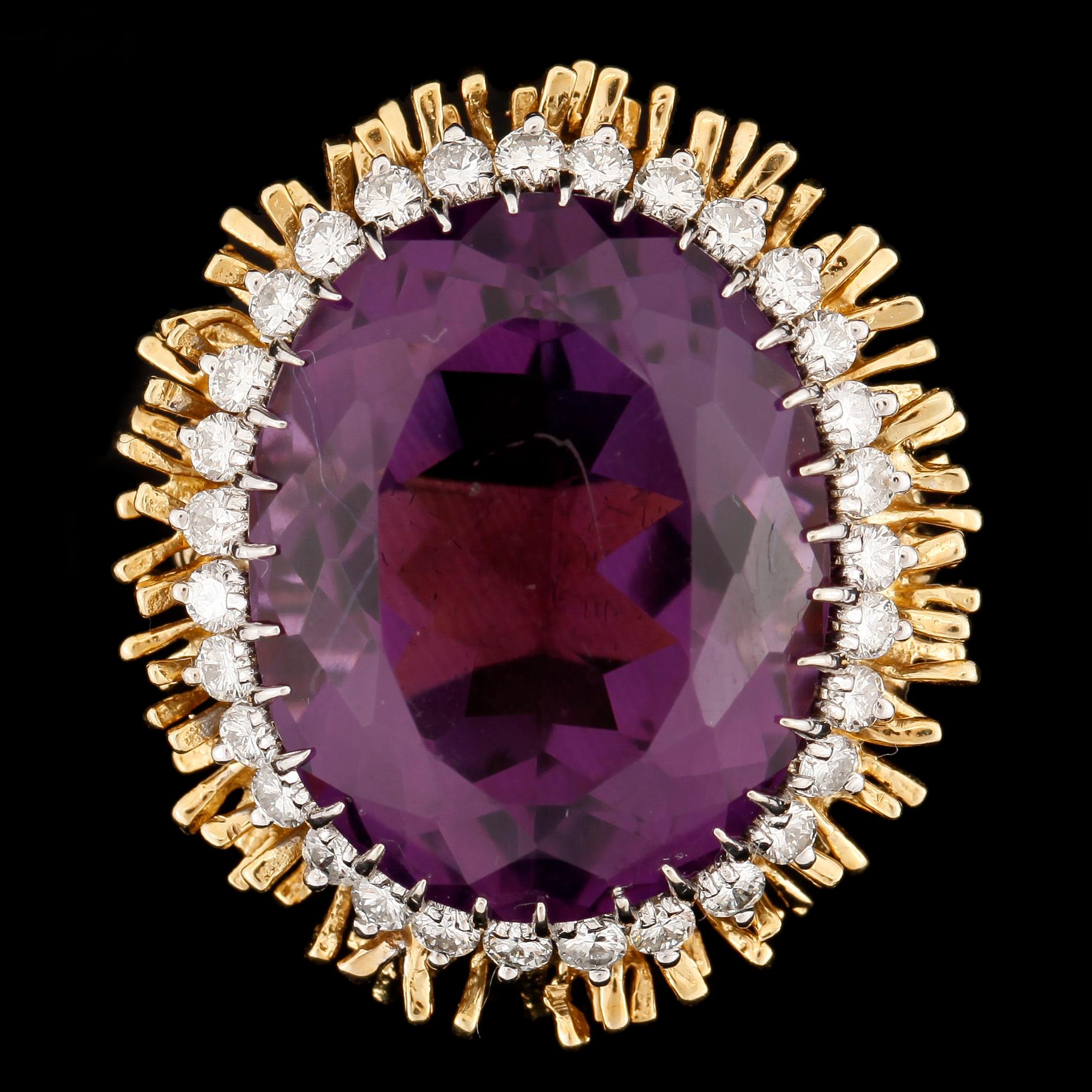 RING, 18k guld med ametist och briljantslipade diamanter tot ca0,90ct. GGP, Västerås, 1959. Vikt ca21g.