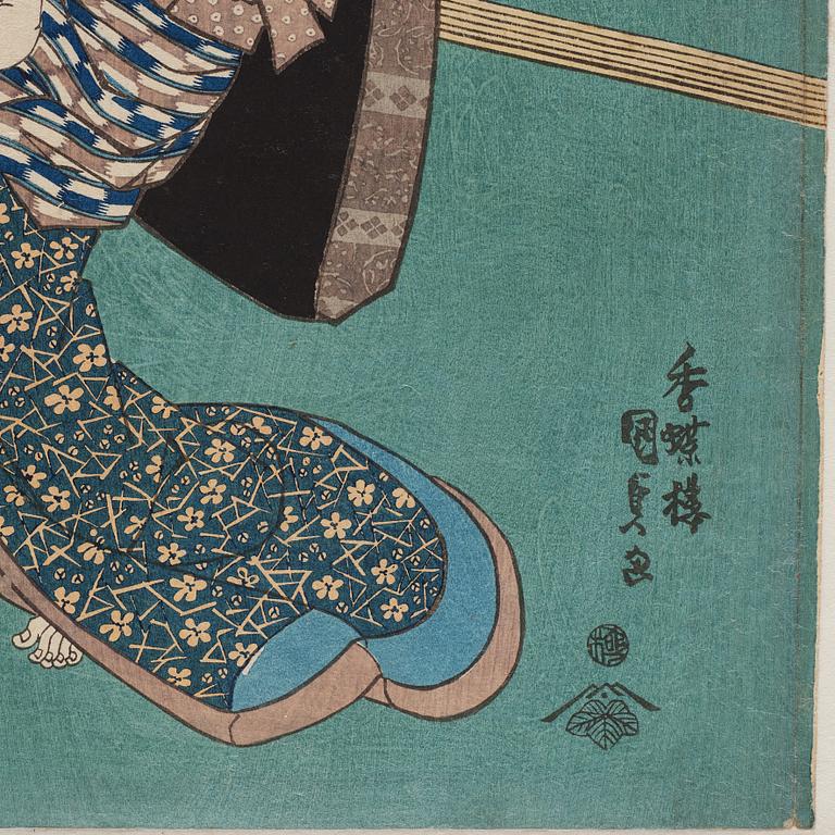 UTAGAWA KUNISADA, även kallad Toyokuni III (1786-1864), triptyk, färgträsnitt. Japan, Eight Views of Edo Figures".