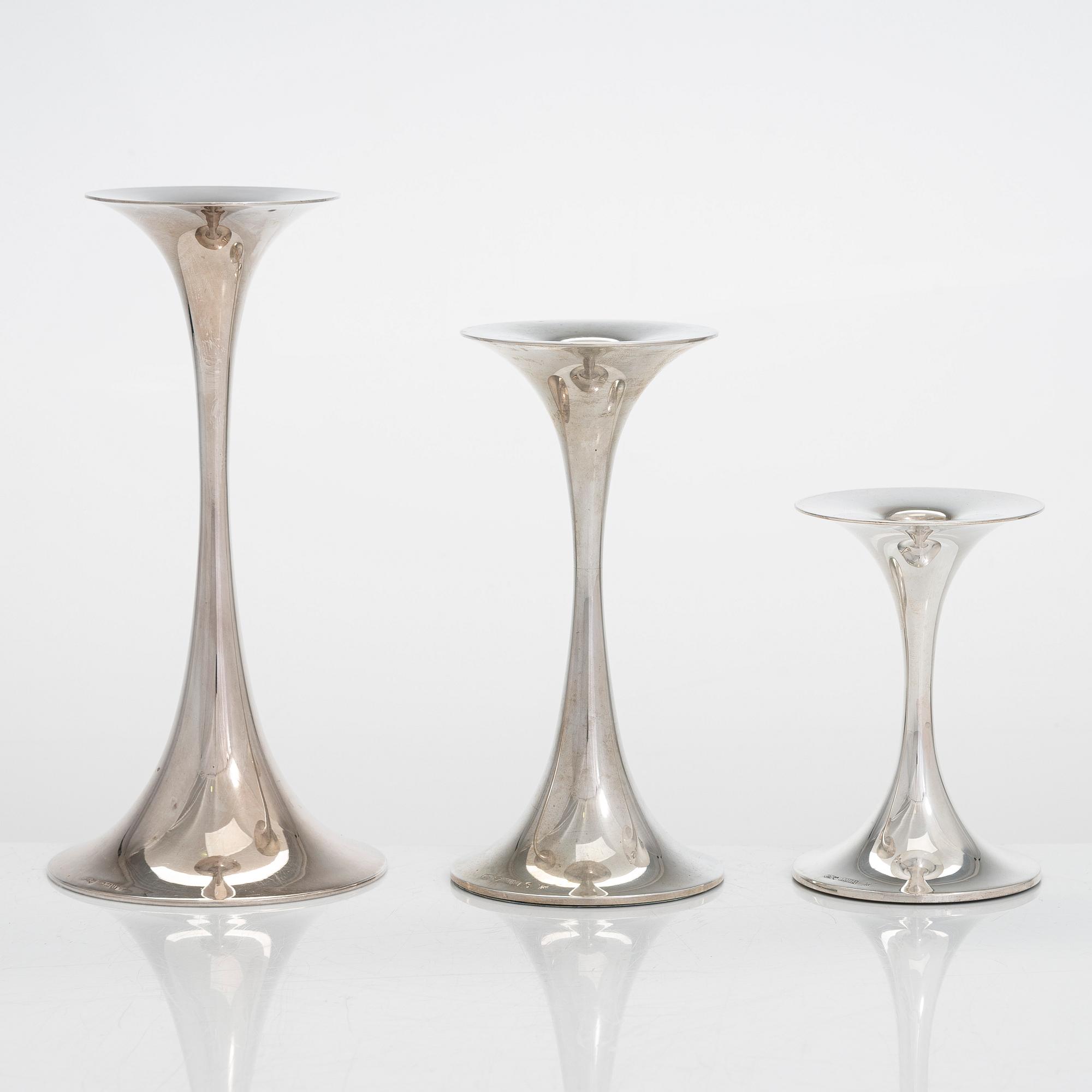 Tapio Wirkkala, ljusstakar, 3 st, silver, "Trumpetti", Kultakeskus, Tavastehus 1990-2001.