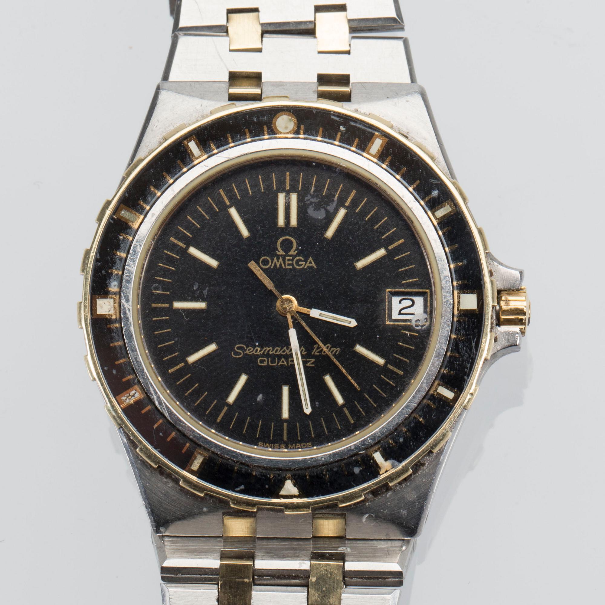 HERRARMBANDSUR, guld på stål, Omega Seamaster, ca 90-tal.