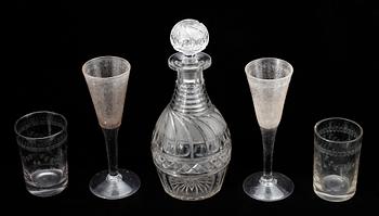 KARAFF samt GLAS, 5 delar, 17-1900-tal.