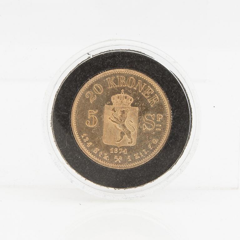 Guldmynt Norge, Oscar II 20 kr 5 Speciedaler, 1874.